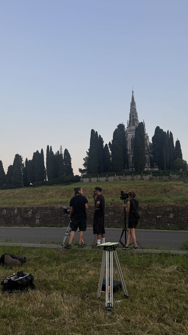 Setting up at the cemetery at dusk