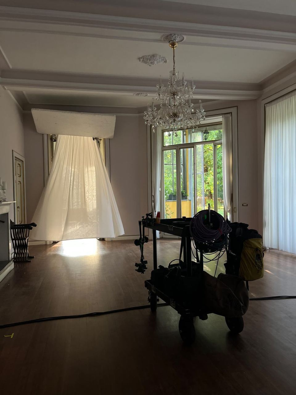 Empty room chandelier curtains